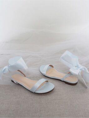 Light Blue Ribbon Ankle Tie Flat Sandals